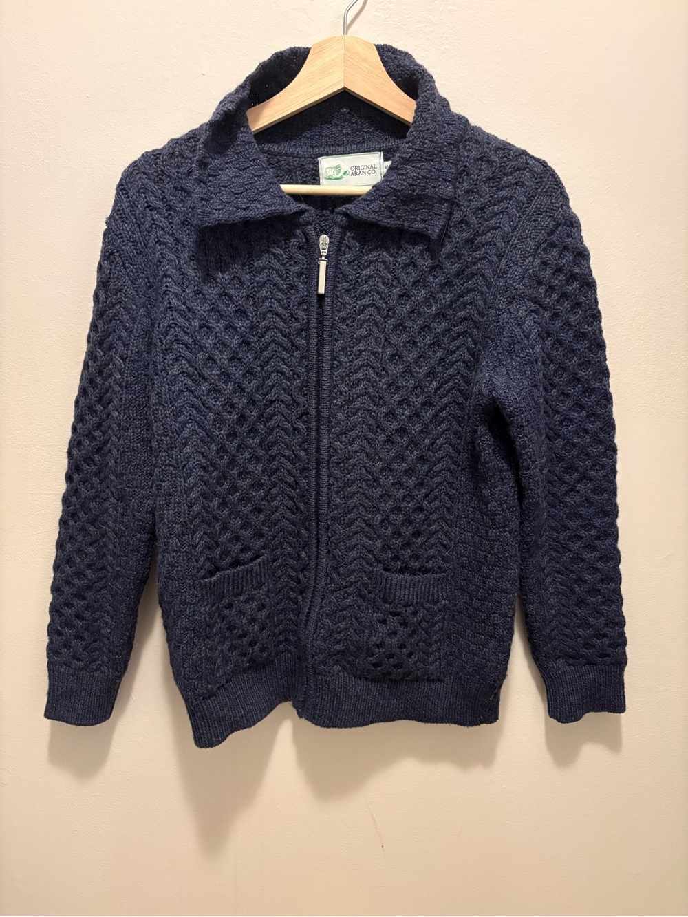 Aran Handknit Zip-Front Cable Knit Sweater - Navy Blue Small